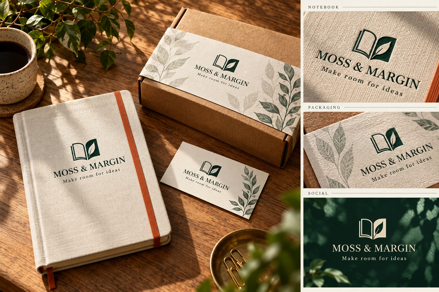 Codex-generated application plate showing an ivory notebook with rust elastic, a matching card and kraft package, plus enlarged notebook, packaging, and social-design details