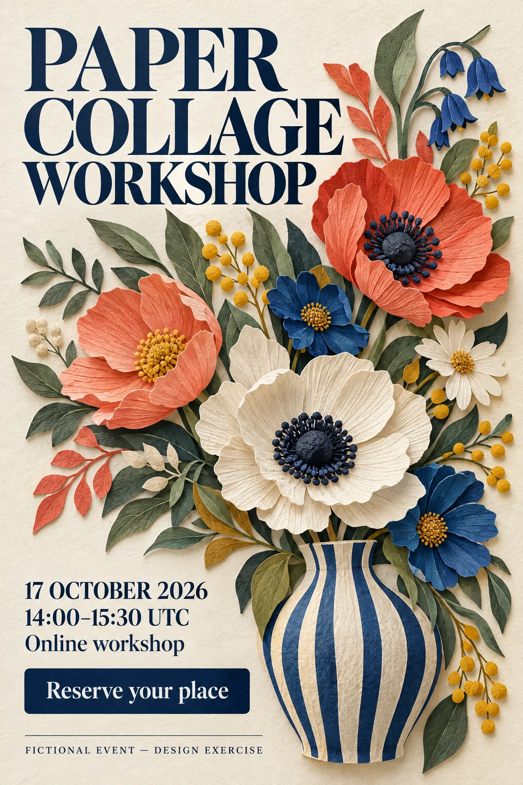 Codex-generated PAPER COLLAGE WORKSHOP poster with a large serif-style title, a central cut-paper botanical bouquet, grouped event details, a dark-blue Reserve your place block, and a readable fictional-event notice at the bottom.