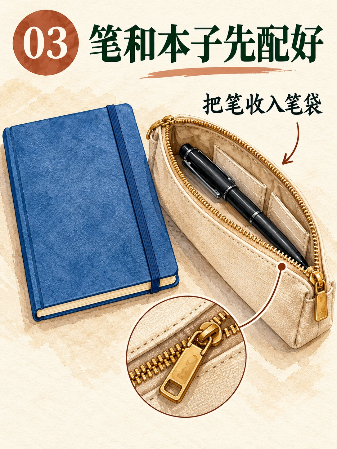 Codex-generated page 03 showing a blue notebook beside an open beige pencil pouch containing one black pen, with no loose duplicate pen.